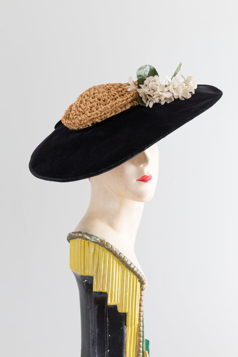 Fabulous 1950's Black Velvet & Straw Cartwheel Hat by Mabel Ellsworth