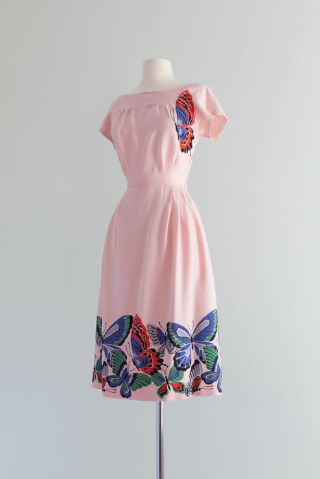 Late 1940's Butterfly Border Print Light Pink Rayon Dress / Waist 29"