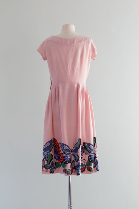 Late 1940's Butterfly Border Print Light Pink Rayon Dress / Waist 29"