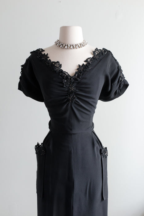 Vintage 1940's Black Rayon Cocktail Dress With Lace Trim / ML