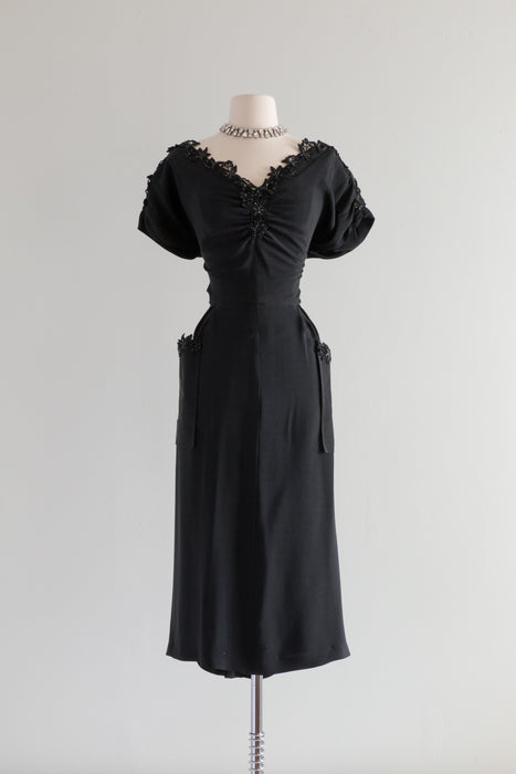 Vintage 1940's Black Rayon Cocktail Dress With Lace Trim / ML