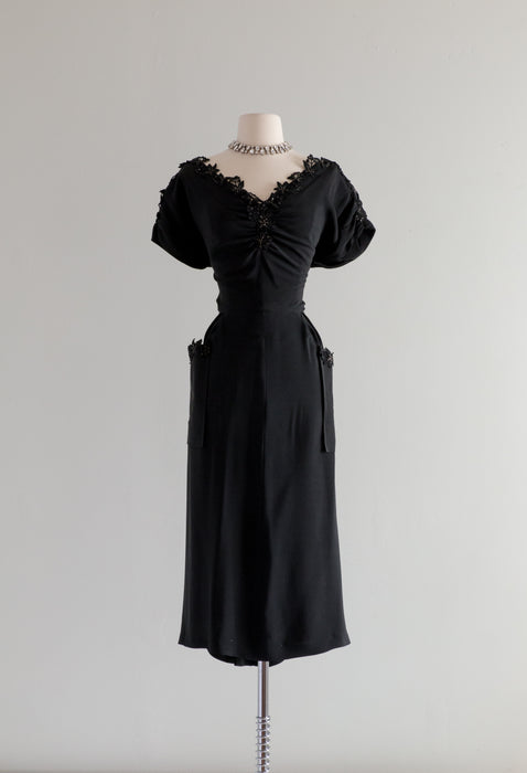 Vintage 1940's Black Rayon Cocktail Dress With Lace Trim / ML