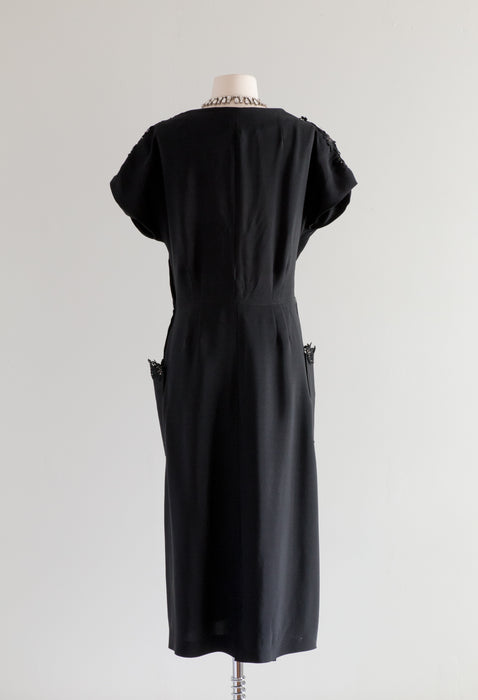 Vintage 1940's Black Rayon Cocktail Dress With Lace Trim / ML