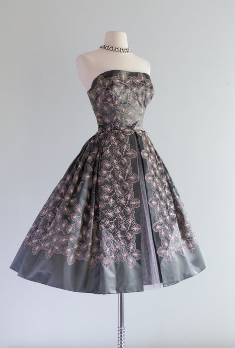 Exquisite 1950's Embroidered Leaves Silver Taffeta Party Dress / XS