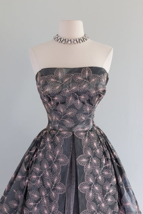 Exquisite 1950's Embroidered Leaves Silver Taffeta Party Dress / XS