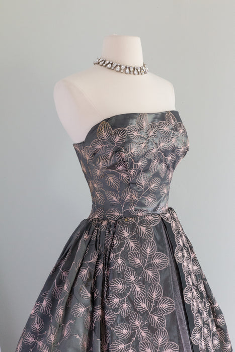 Exquisite 1950's Embroidered Leaves Silver Taffeta Party Dress / XS