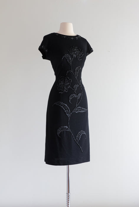 Glamorous 1960's Black Rose Knit Wiggle Dress / Medium
