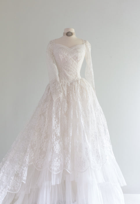 1950's Princess Bride Couture White Lace Wedding Gown With Long Train / XS