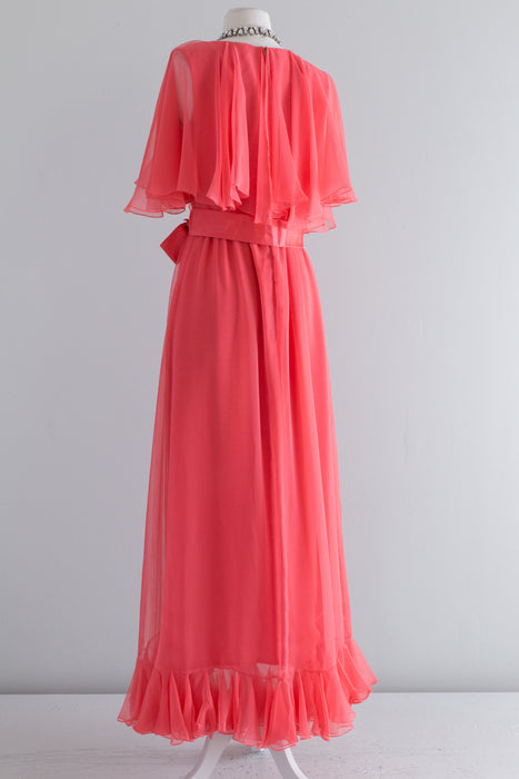 Fabulous 1960's Cerise Pink Chiffon Ruffled Evening Dress By Mollie Parnis / Waist 28