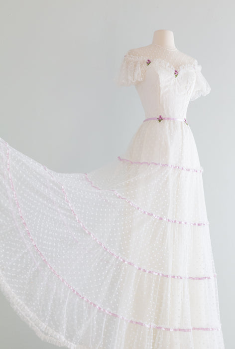 1970's Swiss Dot Wedding Gown With Violets And Ribbons / Small