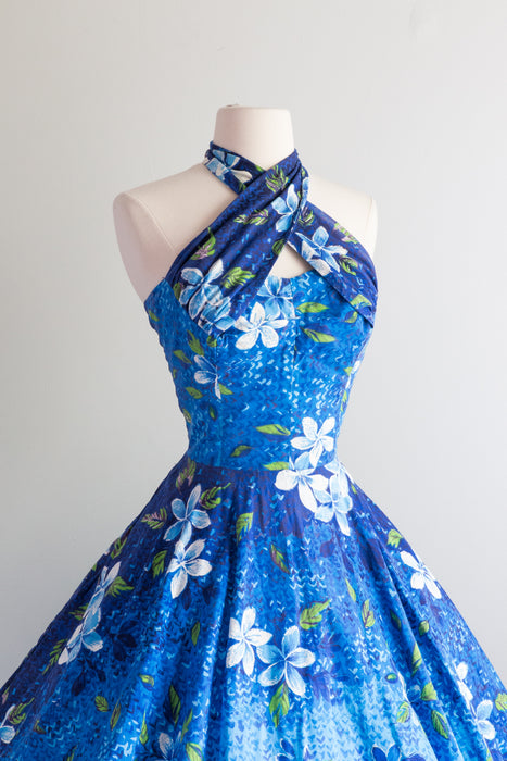 Brilliant Blue 1950's Cotton Hawaiian Dress by Kamehameha With Full Skirt / Waist 28