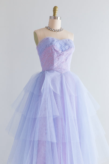1950's Enchanted Blue Violet Strapless Tiered Prom Gown / XXS