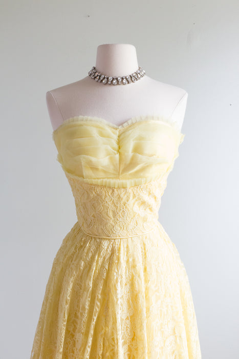1950's Belle Of The Ball Strapless Yellow Lace Prom Dress / XXS