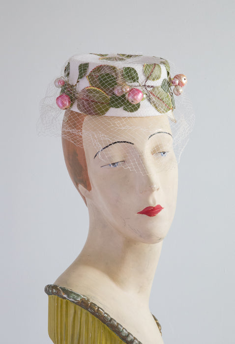 Pristine 1960's Garden Party Pillbox Hat With Pink Berries & Veiling by Vivi