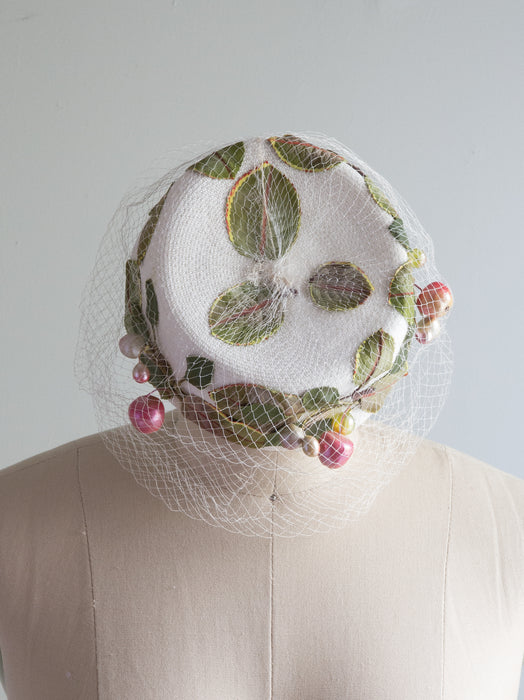 Pristine 1960's Garden Party Pillbox Hat With Pink Berries & Veiling by Vivi