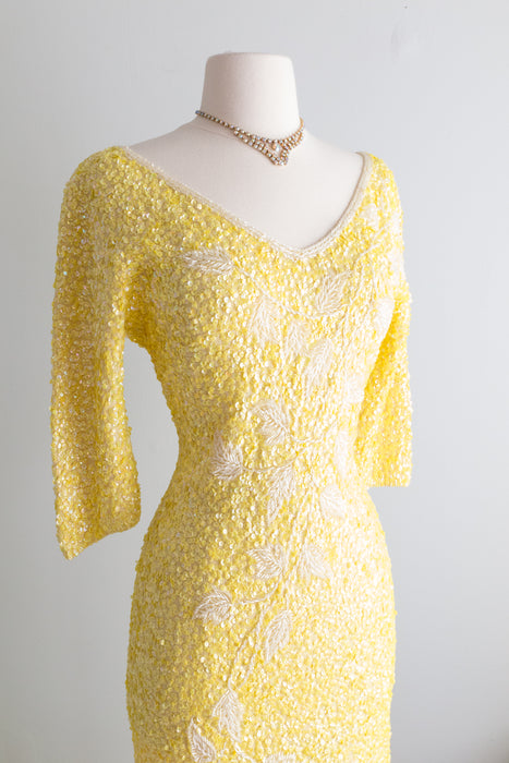 Vintage Gene Shelly Lemon Meringue Sequin Wiggle Dress / Medium