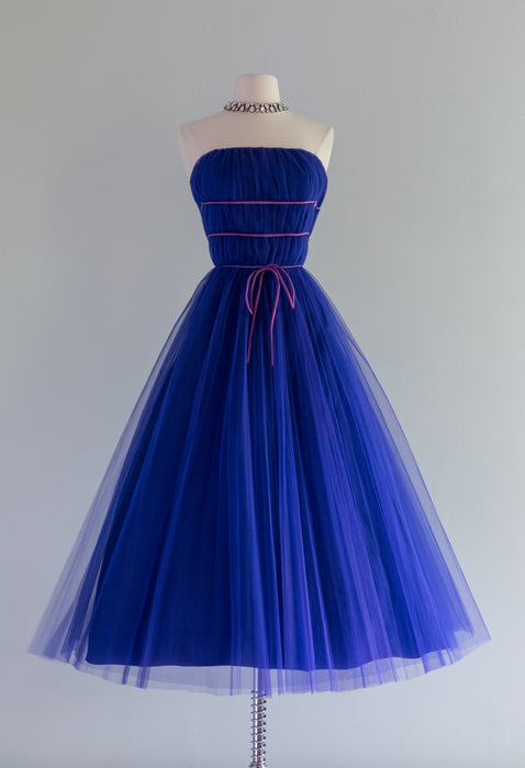 Divine 1950's Yves Klein Blue Pleated Strapless Prom Dress Small