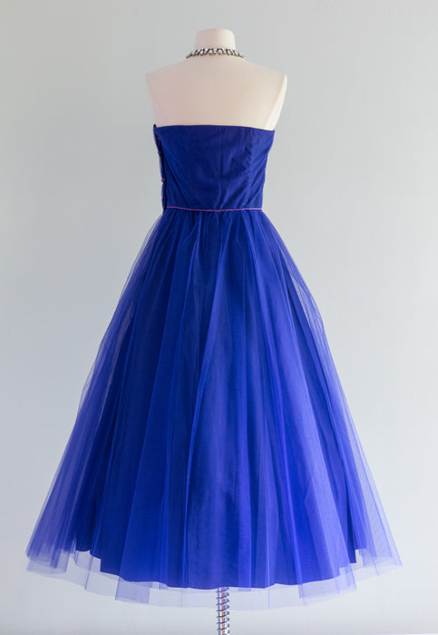 Divine 1950's Yves Klein Blue Pleated Strapless Prom Dress / Small