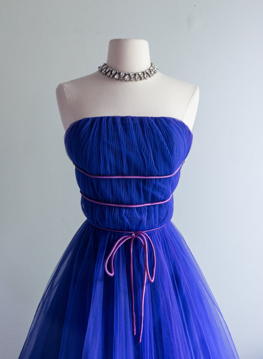 Divine 1950's Yves Klein Blue Pleated Strapless Prom Dress / Small