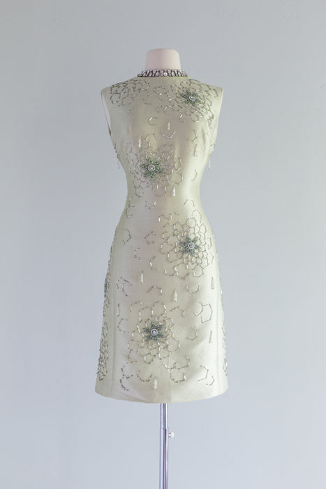 Stunning 1960's Beaded Silk Shantung Cocktail Dress By Jean Lutece / M