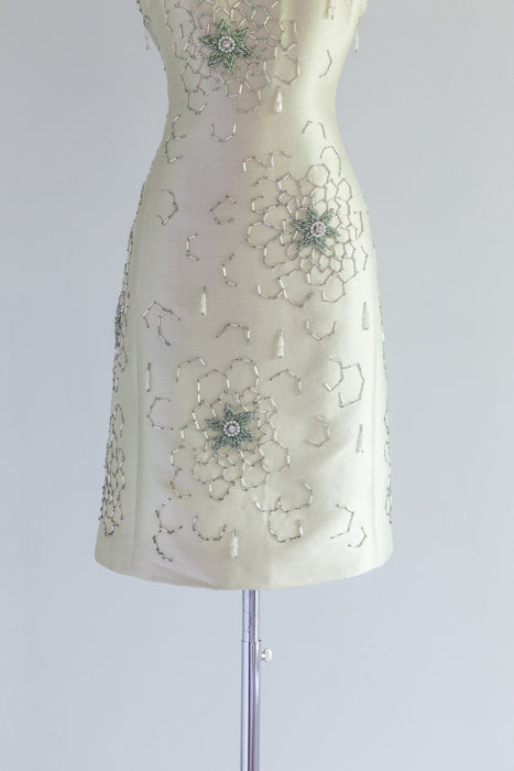 Stunning 1960's Beaded Silk Shantung Cocktail Dress By Jean Lutece / M