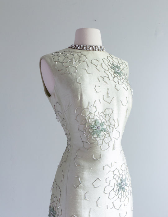 Stunning 1960's Beaded Silk Shantung Cocktail Dress By Jean Lutece / M
