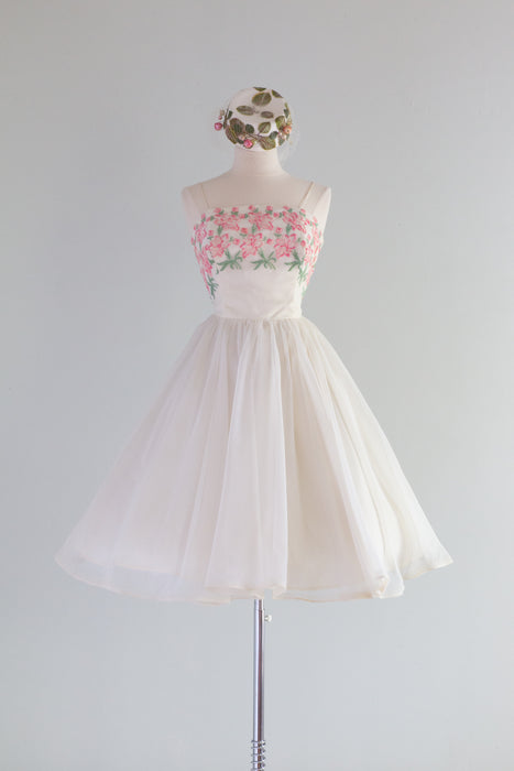 Dreamy 1950's Ivory Organza Party Dress With Embroidered Pink Flowers / Waist 24"