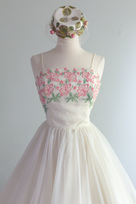 Dreamy 1950's Ivory Organza Party Dress With Embroidered Pink Flowers / Waist 24"