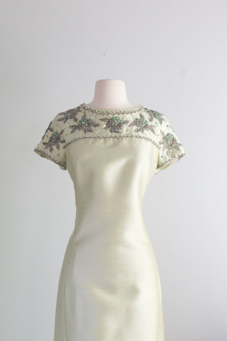 Elegant 1960's Celadon Green Shantung Silk Beaded Evening Gown By Jean – Xtabay Vintage Elegant 1960's Celadon Green Shantung Silk Beaded Evening Gown By Jean – Xtabay Vintage