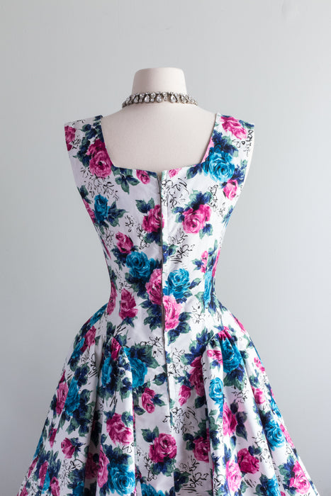 Beautiful 1950's Floral Print Cotton Party Dress / Waist 26