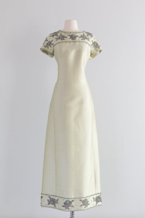 Elegant 1960's Celadon Green Shantung Silk Beaded Evening Gown By Jean Lutece / Med.