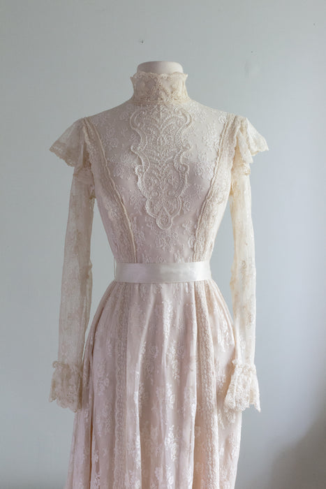 True Love Fairytale 1970's Edwardian Inspired Lace Wedding Gown / SM