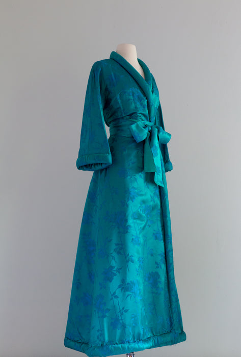 Deluxe 1950's Peacock Green Silk Brocade Dressing Gown By Dynasty / Medium