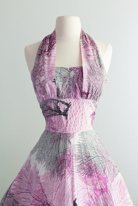 Fabulous 1950's Cotton Halter Style Summer Dress With Soutache / Waist 26