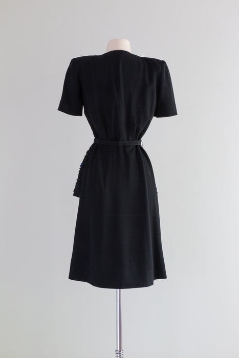 Rare 1940's Sequined Black Crepe Cocktail Dress by Benham Originals / SM