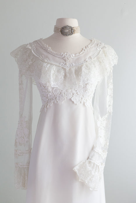 Romantic 1970's Edwardian Inspired Wedding Gown With Lace Sleeves / XS