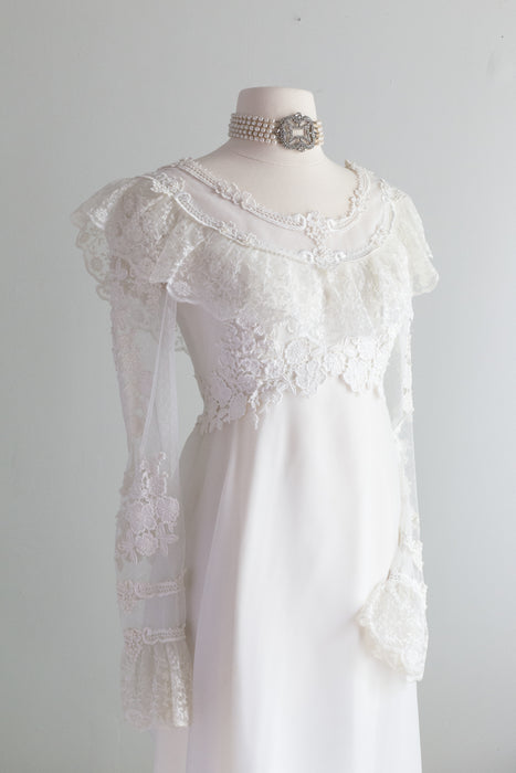 Romantic 1970's Edwardian Inspired Wedding Gown With Lace Sleeves / XS