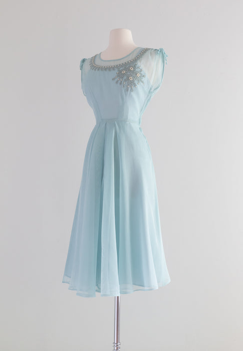 Robins Egg Blue 1940's Sheer Dress With Matching Slip / Small