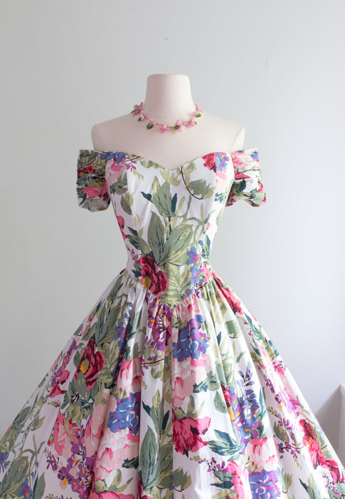 1980's Lush Bucolic Floral Print OTS Cotton Summer Dress / Small