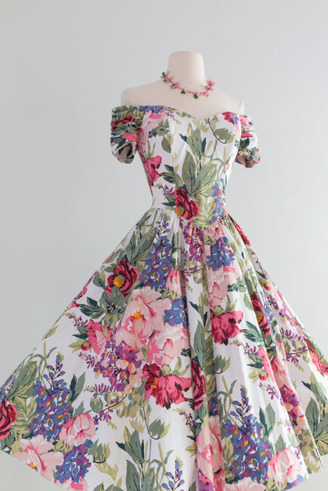 1980's Lush Bucolic Floral Print OTS Cotton Summer Dress / Small