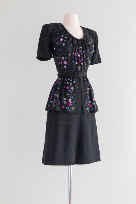 Rare 1940's Sequined Black Crepe Cocktail Dress by Benham Originals / SM