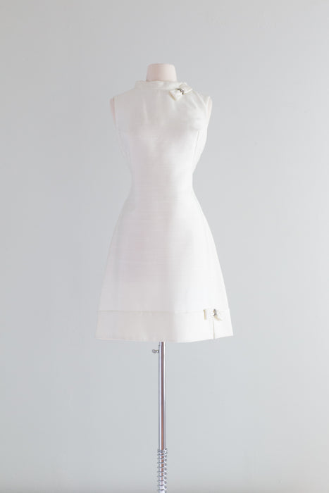 Fabulous 1960's White Shift Dress With Rhinestone Bows / Medium