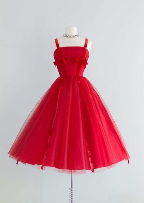 1950's Cherry Red Tulle Party Dress With Velvet Bows / Small Xtabay Vintage 1950's Cherry Red Tulle Party Dress With Velvet Bows / Small Xtabay Vintage