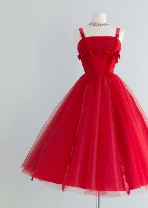 1950's Cherry Red Tulle Party Dress With Velvet Bows / Small