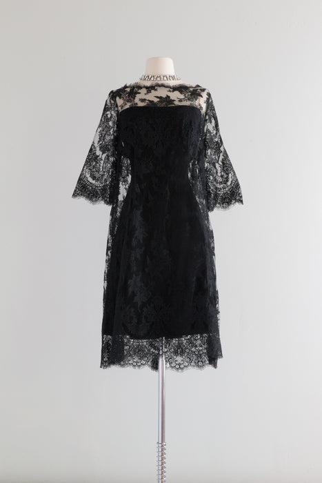 Gorgeous 1960's Black Lace Cocktail Dress By Nat Kaplan / M