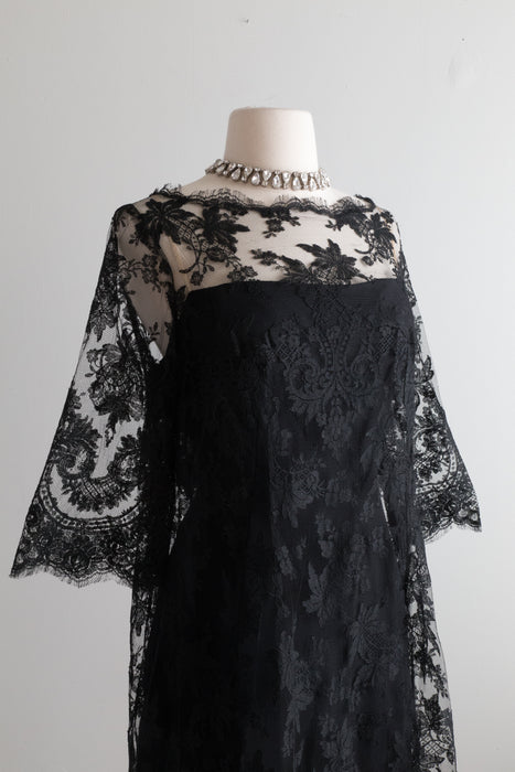 Gorgeous 1960's Black Lace Cocktail Dress By Nat Kaplan / M