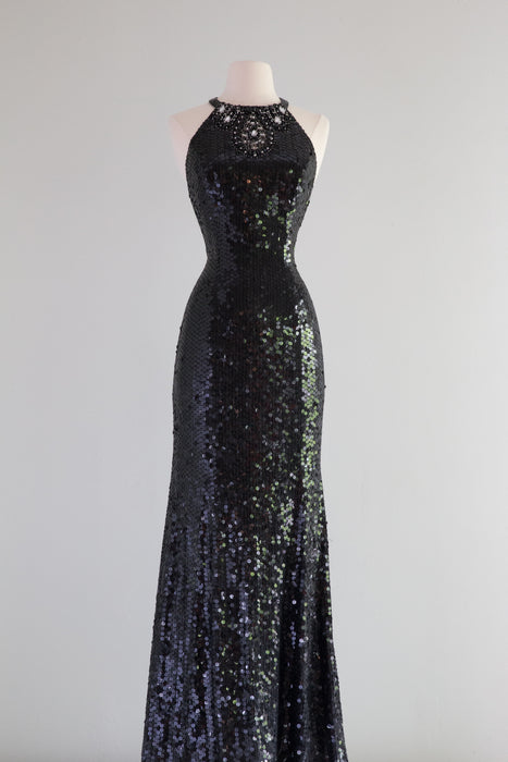 Vintage ICONIC Black Liquid Sequin Hourglass Evening Gown / Med.