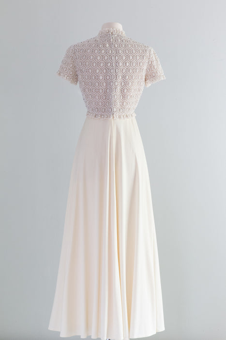 Vintage 1960's Regency Inspired Ivory Beaded Wedding Gown Evening Dress / Waist 26