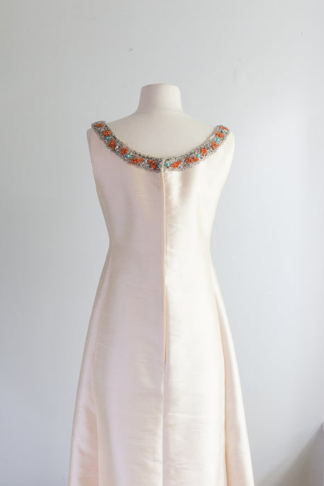 Vintage 1960's Ivory Beaded Evening Gown With Coral And Turquoise Beading  / SM