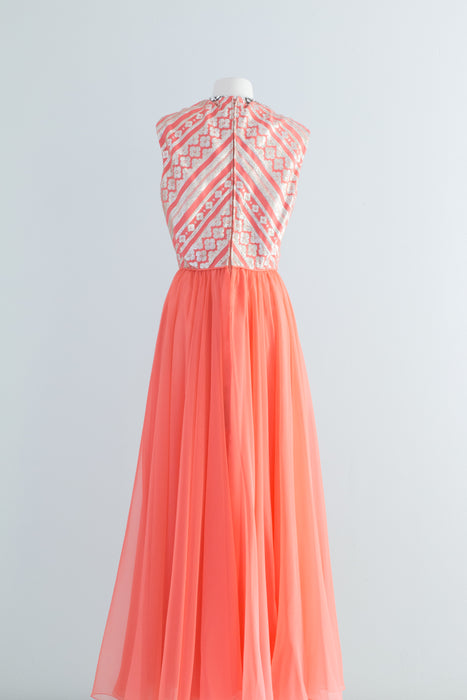 Fabulous 1960s Coral Chiffon Evening Gown By Jerry Silverman / ML